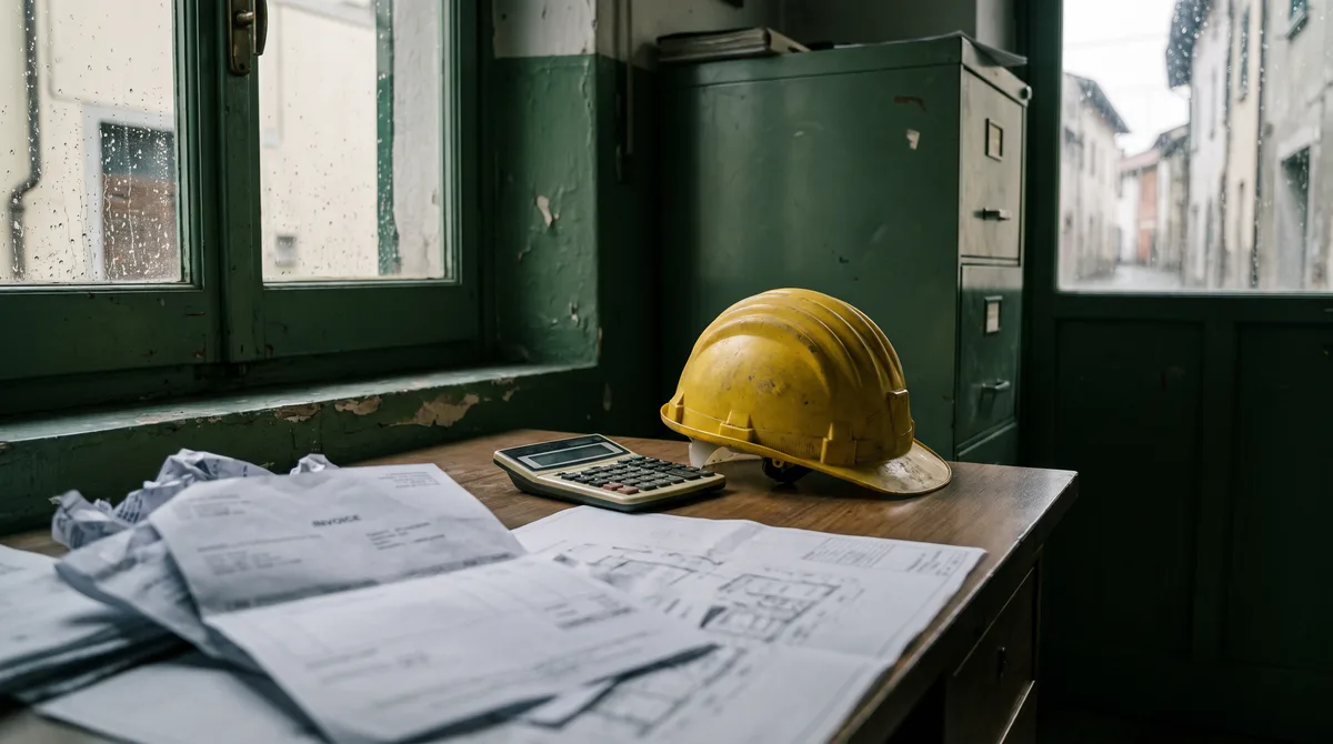 Scrivania di una piccola impresa edile con fatture di cantiere, calcolatrice e un casco giallo