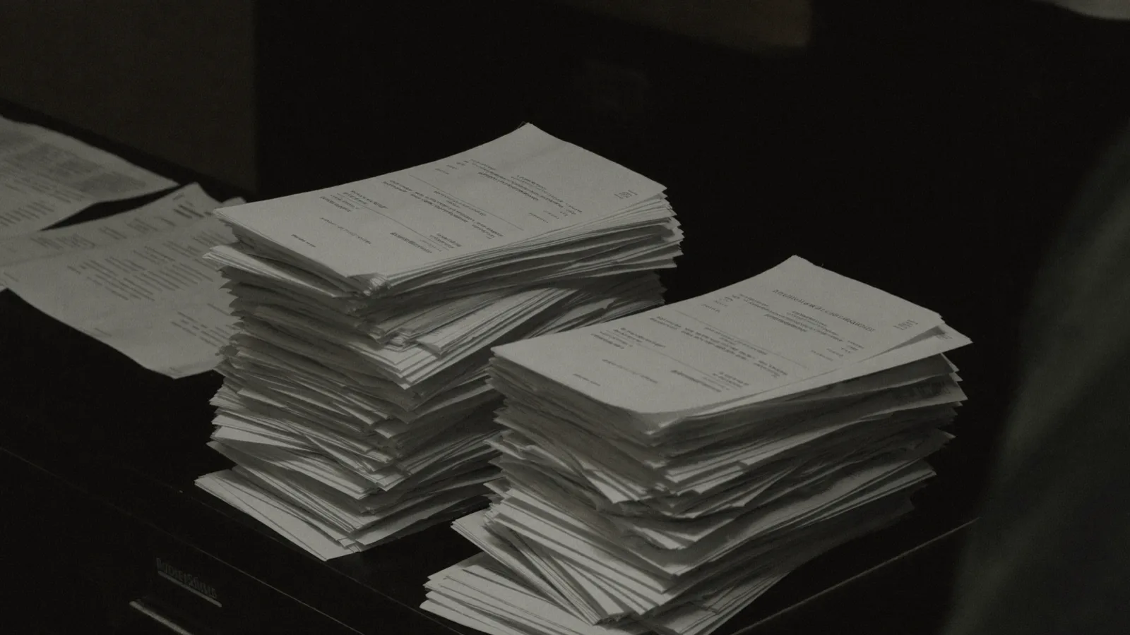 Pile di fatture e documenti contabili accatastati su una scrivania